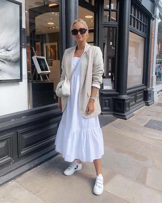 White Maxi Dress with Blazer and Sneakers